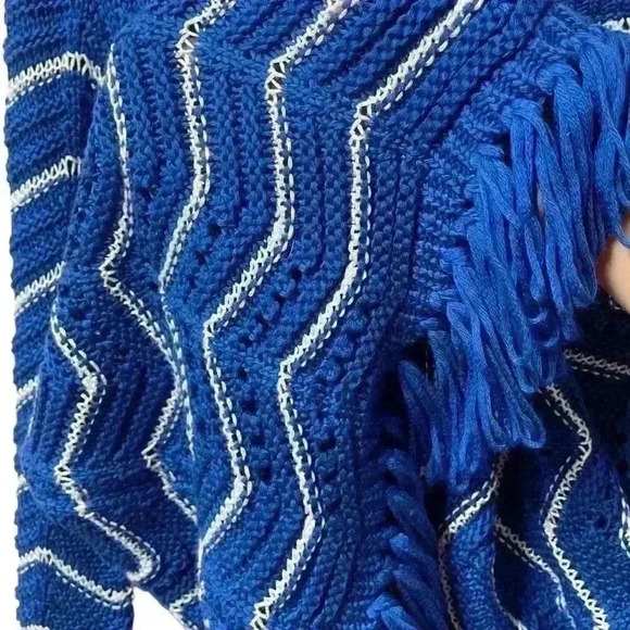 Ruby Rd Cobalt Royal Blue Wavy Striped Crochet Knit Fringe Sweater Womens XLarge - Picture 3 of 3